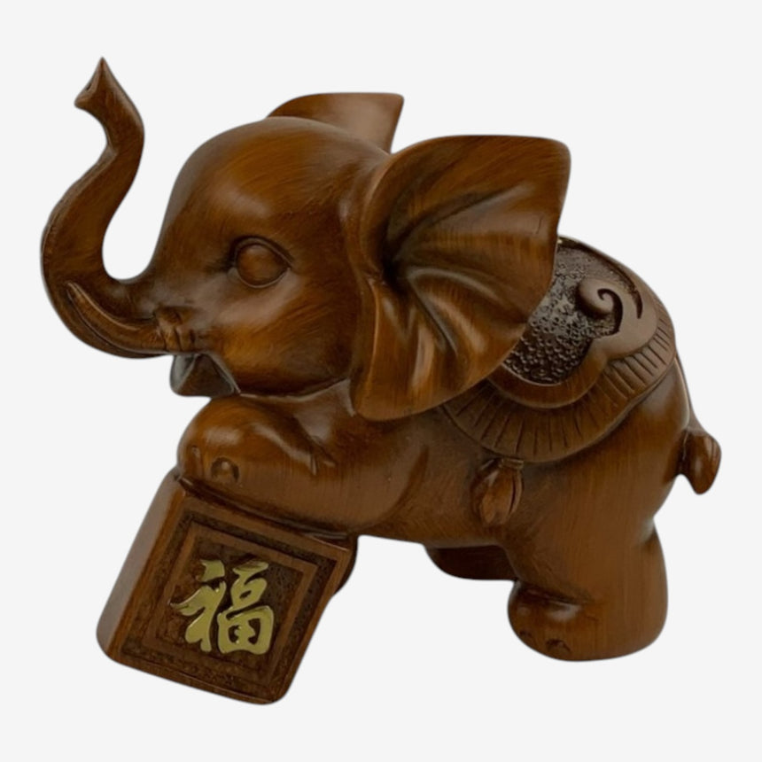 Wood Elephant with Gold Accents and Plaques | Home Decor