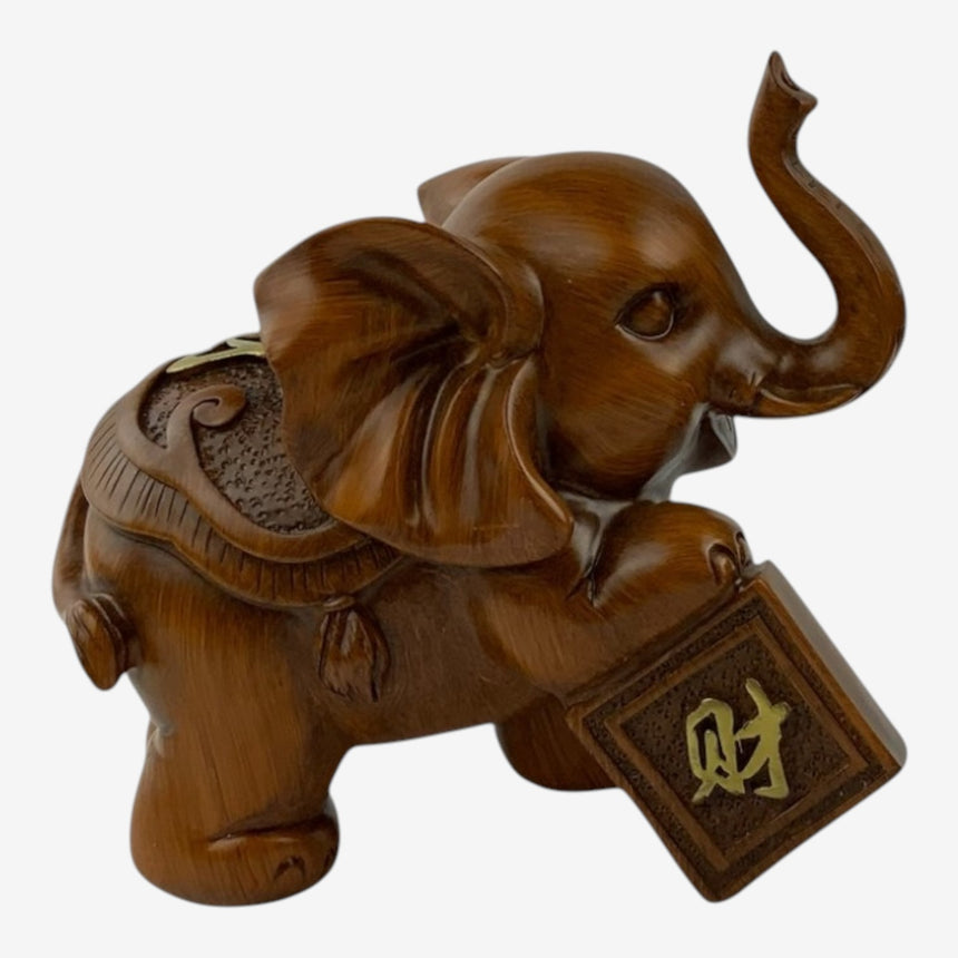 Wood Elephant with Gold Accents and Plaques | Home Decor