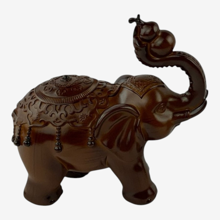 Ornate Brown Elephant Figurines — Carved Wood | Home Decor