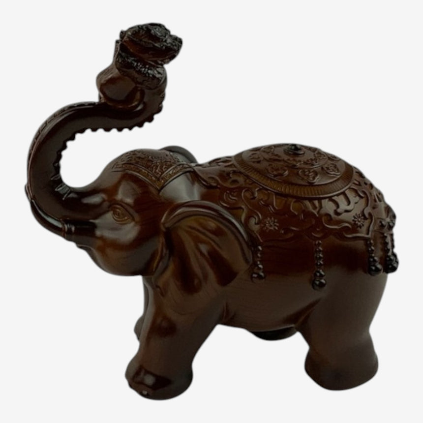 Ornate Brown Elephant Figurines — Carved Wood | Home Decor
