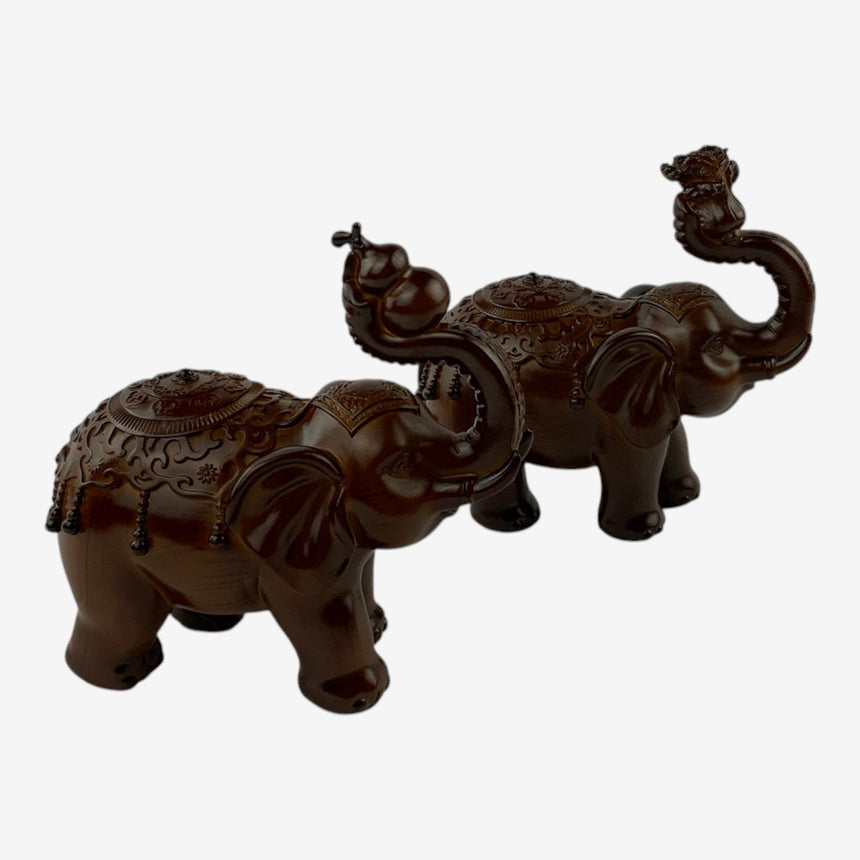Ornate Brown Elephant Figurines — Carved Wood | Home Decor