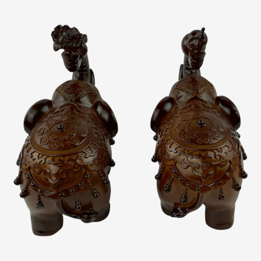 Ornate Brown Elephant Figurines — Carved Wood | Home Decor