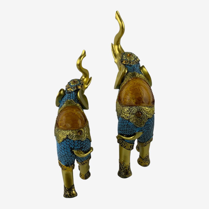 Blue & Gold Ornate Elephant Figurines, Set of 2 with Gem Accents | Home Decor