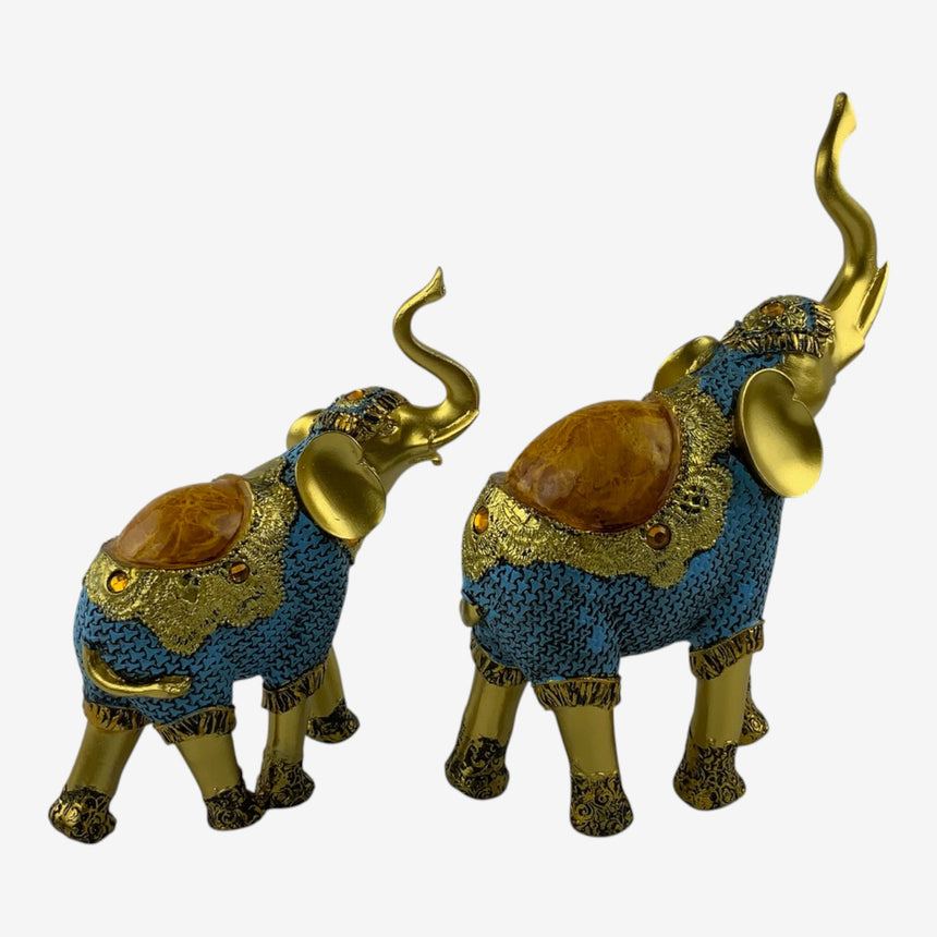Blue & Gold Ornate Elephant Figurines, Set of 2 with Gem Accents | Home Decor