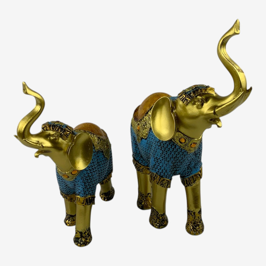 Blue & Gold Ornate Elephant Figurines, Set of 2 with Gem Accents | Home Decor