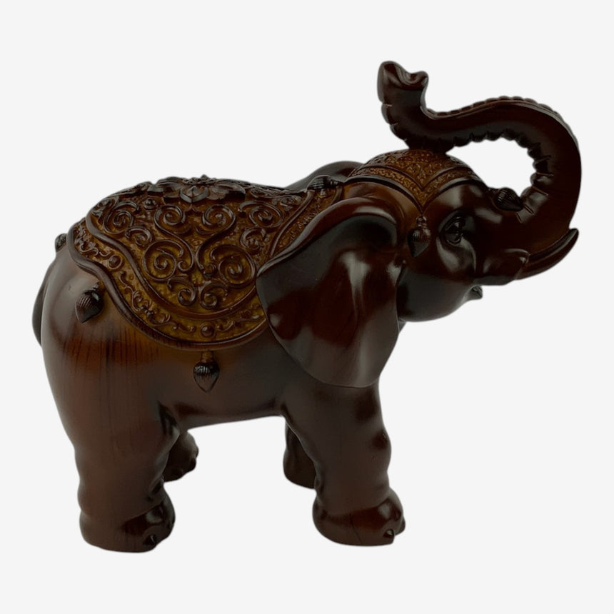 Ornate Wood Elephant Figurine with Carved Saddle | Home Decor