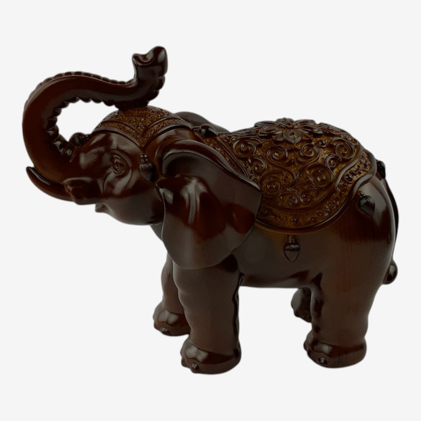 Ornate Wood Elephant Figurine with Carved Saddle | Home Decor