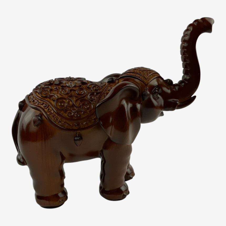 Ornate Wood Elephant Figurine with Carved Saddle | Home Decor