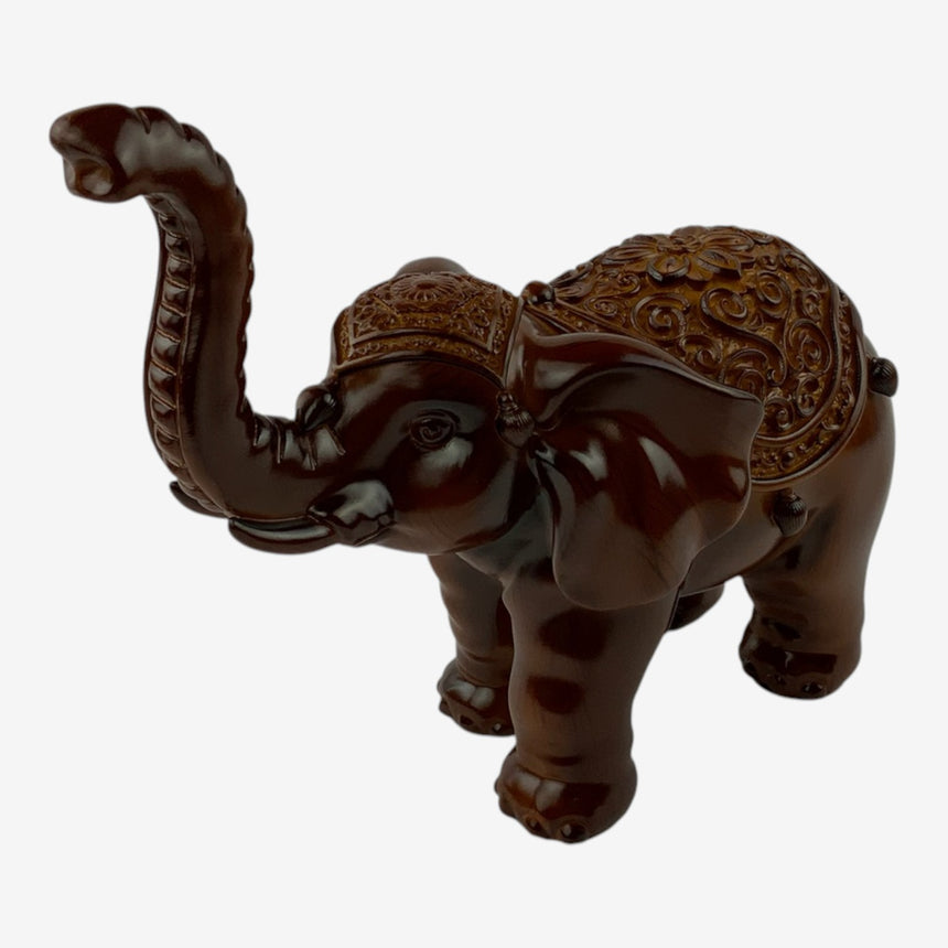 Ornate Wood Elephant Figurine with Carved Saddle | Home Decor