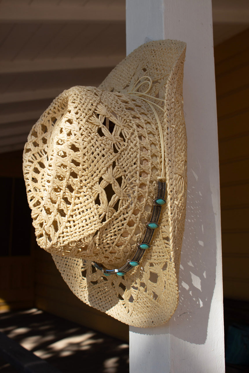 Crochet Straw Western Sun Hat w/ Turquoise Concho Band | Hats