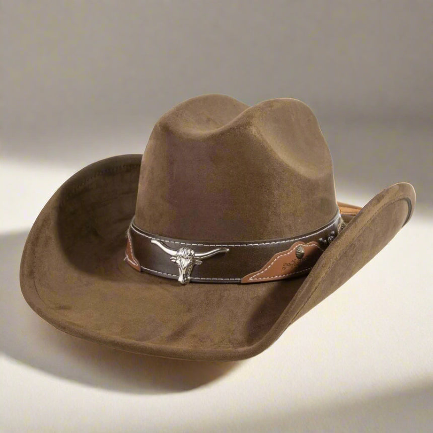 Brown cowboy hat with a decorative band on a white background