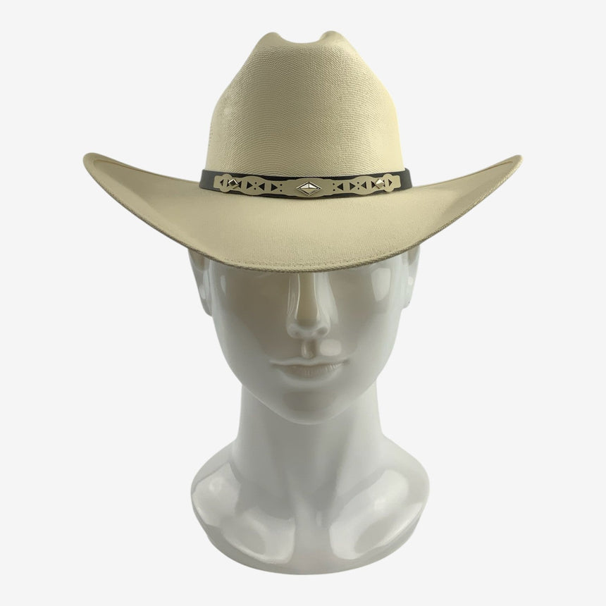 Kids Cream Shantung Western, front view on mannequin, black band with silver diamond conchos and curled brim