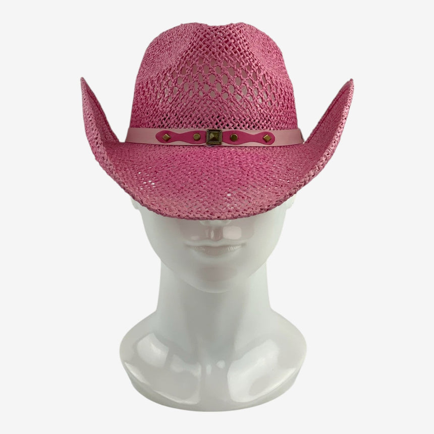 Pink Open-Weave Western, front view on mannequin with pink studded belt band and curved brim