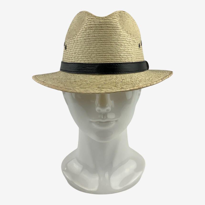 Woven Straw Fedora Hat with Vent Eyelets & Black Band, front view on a mannequin head with short rolled brim