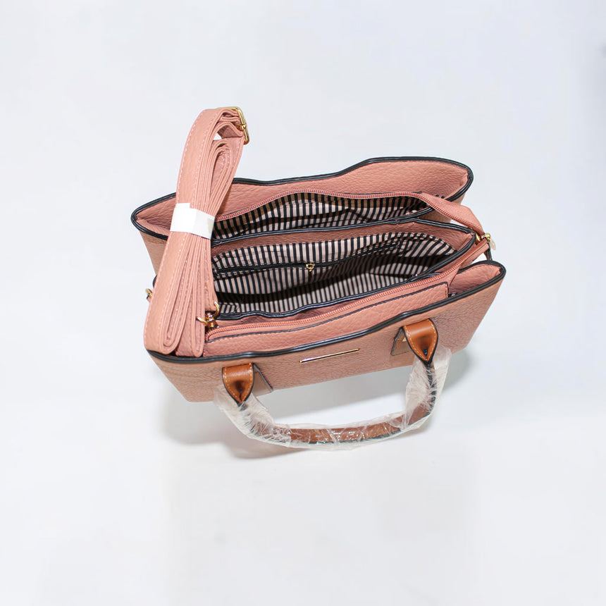 Vegan Leather Satchel & Wallet Set, top view open showing three compartments and zebra stripe lining