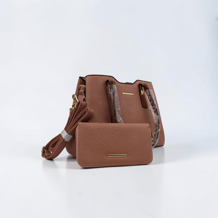 Vegan Leather Satchel & Wallet Set in light brown, satchel and matching wallet together at three-quarter angle