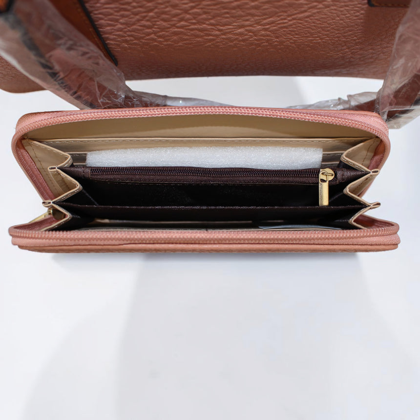 Vegan Leather Satchel & Wallet Set, wallet open showing card slots and zip coin pocket