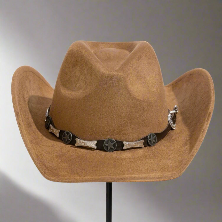 Brown cowboy hat with a decorative band on a white background