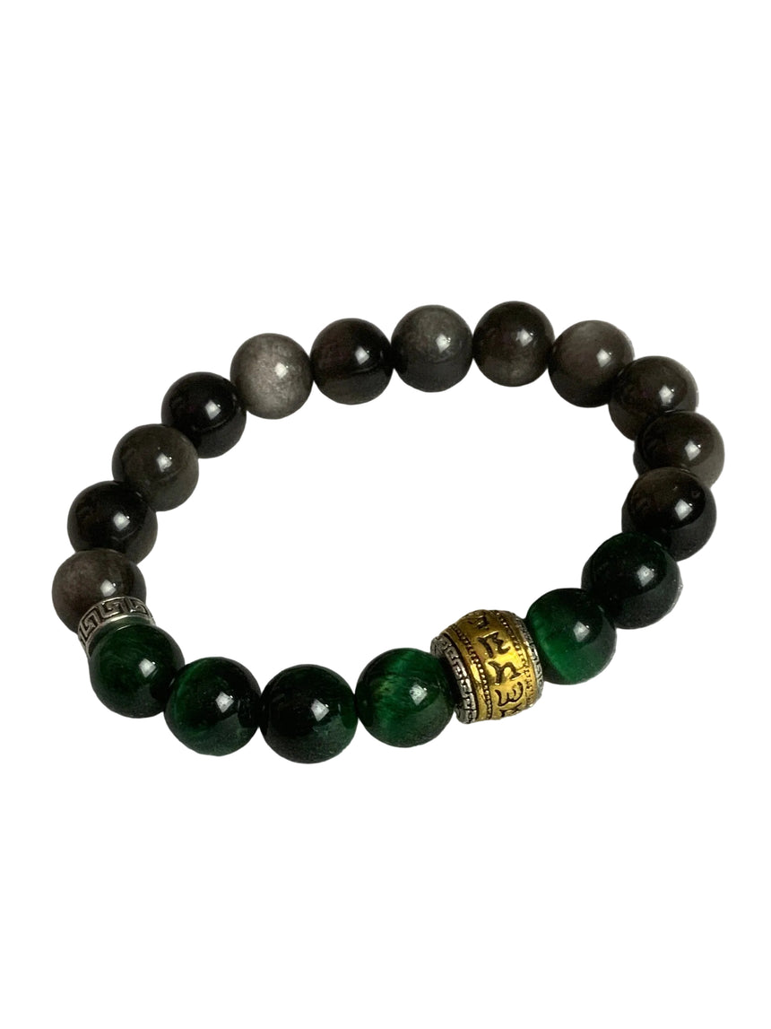 Silver Obsidian With Green Cat Eye | Bracelet