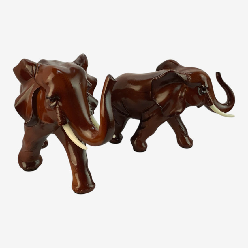 Elephant Pair Figurines – Mahogany-Brown Trunk-Up Statues (Set of 2) | Home Decor