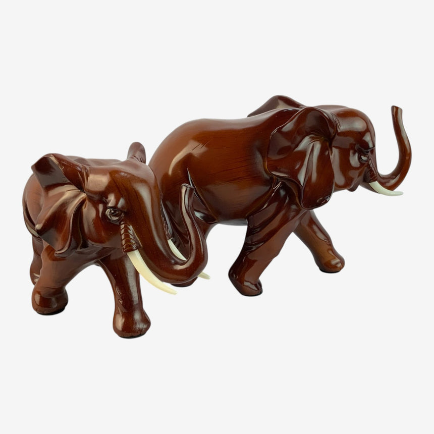 Elephant Pair Figurines – Mahogany-Brown Trunk-Up Statues (Set of 2) | Home Decor