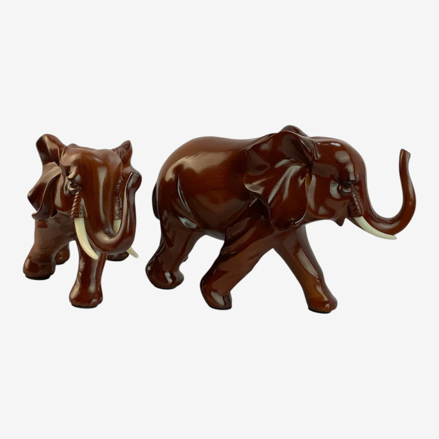 Elephant Pair Figurines – Mahogany-Brown Trunk-Up Statues (Set of 2) | Home Decor