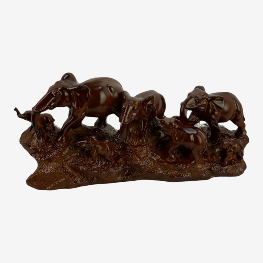 Elephant Family Herd Sculpture – Mahogany Brown Wood-Look Centerpiece | Home Decor