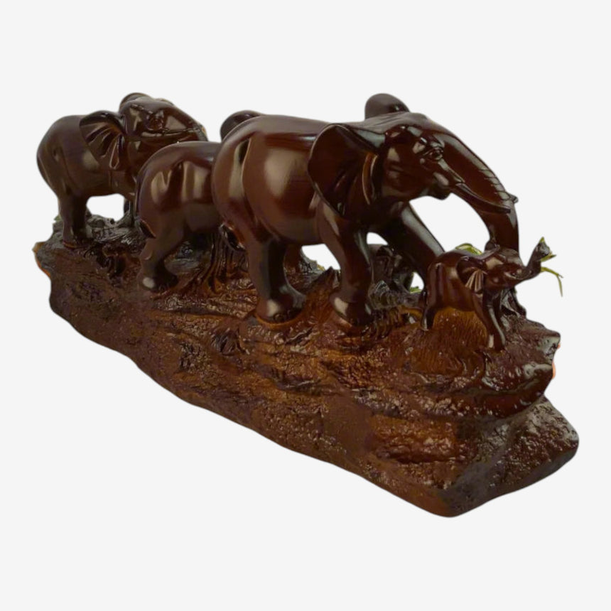 Elephant Family Herd Sculpture – Mahogany Brown Wood-Look Centerpiece | Home Decor