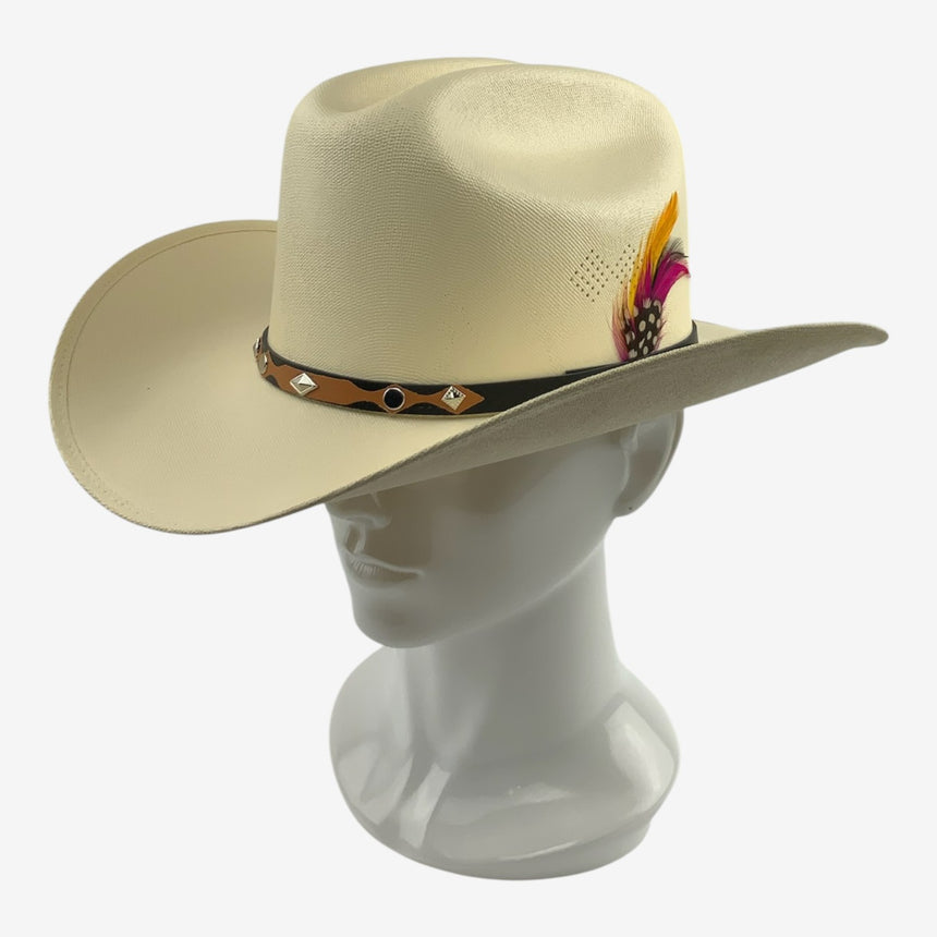 Cream Shantung Straw Western — Structured Brim, Feather Accent | Hats