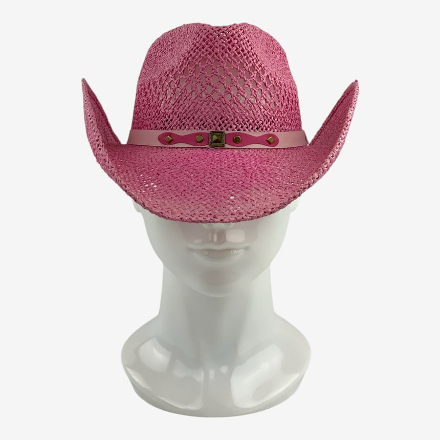 Pink Open-Weave Western — Studded Band, Curved Brim | Hats