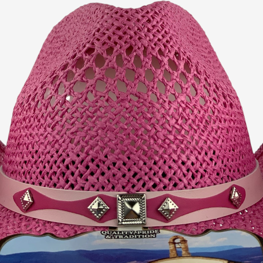 Pink Open-Weave Western — Studded Band, Curved Brim | Hats