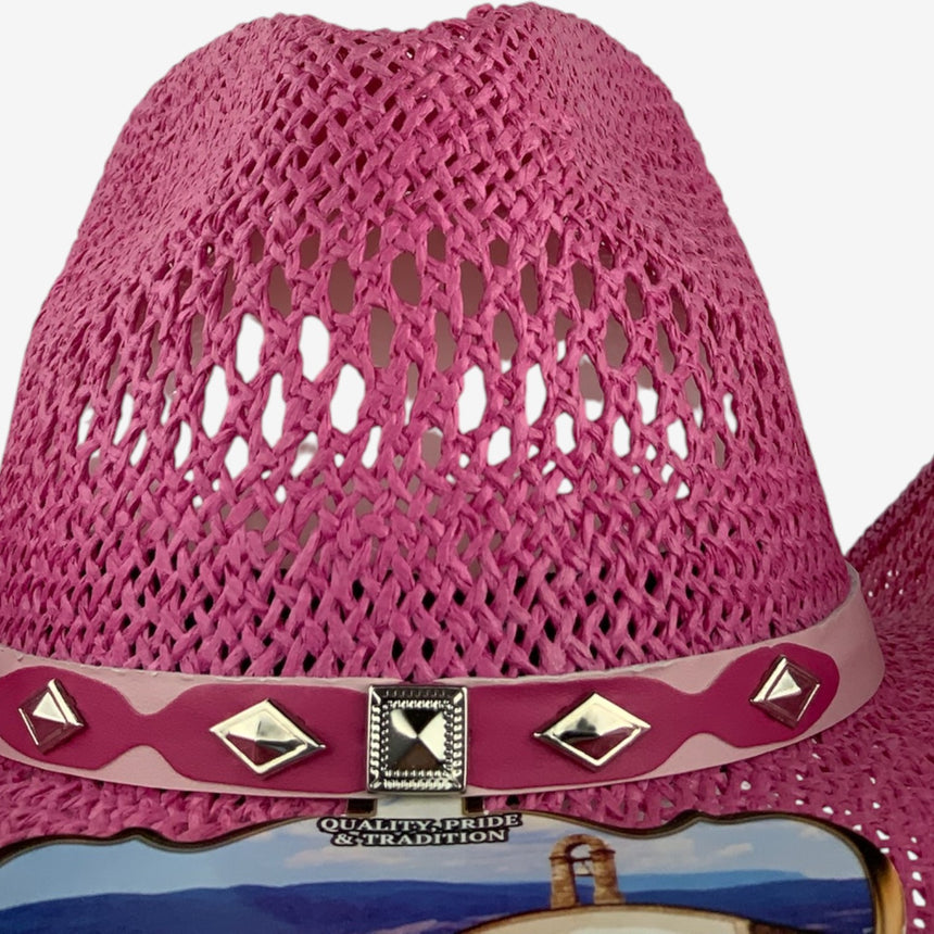 Pink Open-Weave Western — Studded Band, Curved Brim | Hats