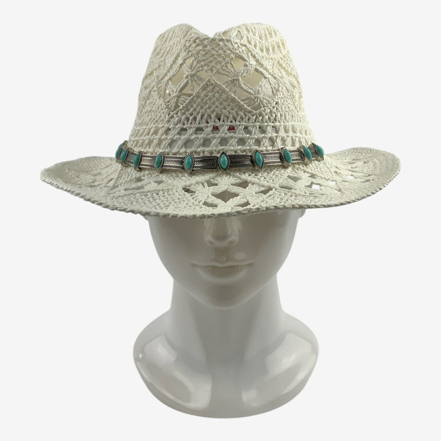 Crochet Straw Western Sun Hat w/ Turquoise Concho Band | Hats