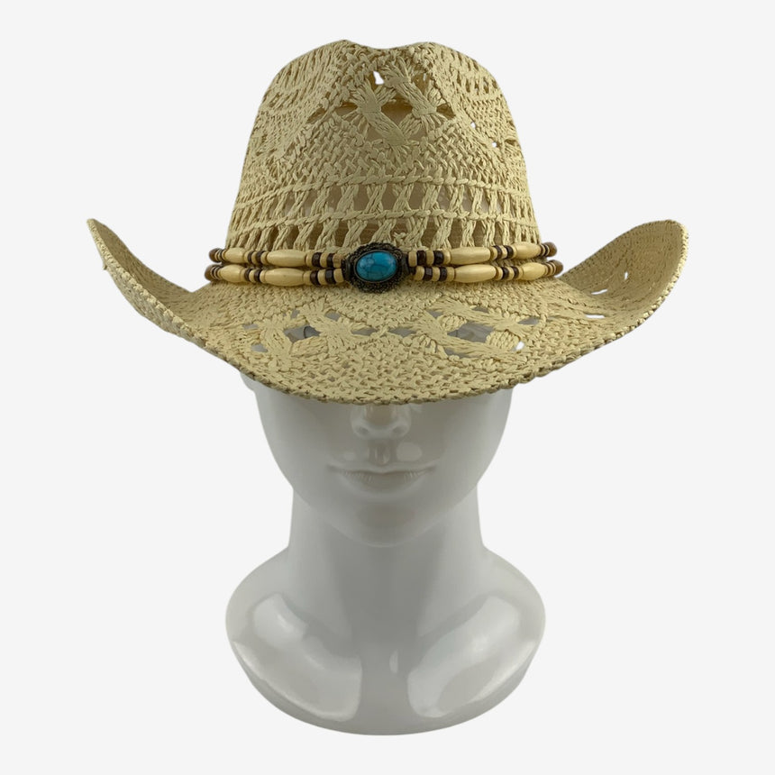 Crochet Straw Cowgirl Hat with Turquoise Beaded Hatband | Hats