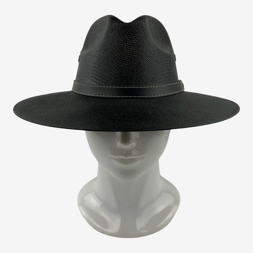 Black Rancher Hat — Wide-Brim Paper Straw with Faux Leather Band | Hats