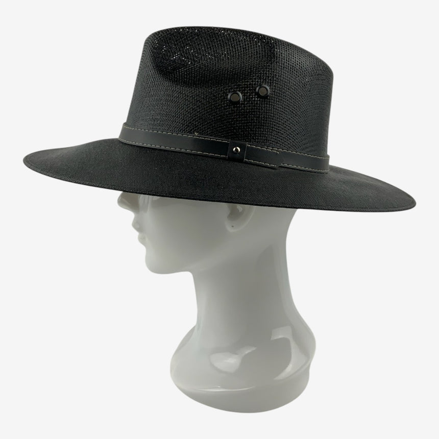 Black Rancher Hat — Wide-Brim Paper Straw with Faux Leather Band | Hats