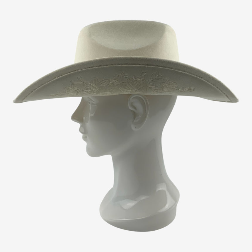 Ivory Felt Cowboy Hat with Floral Embossed Brim Detailing | Hats