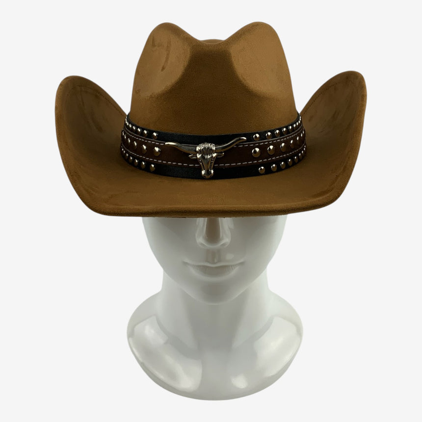 Brown Felt Cowboy Hat with Longhorn Emblem and Studded Band | Hats