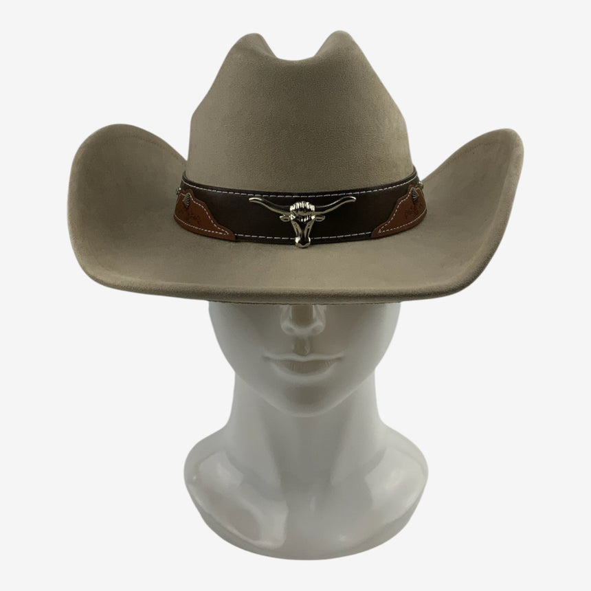 Bone Felt Cowboy Hat with Longhorn Emblem and Studded Band | Hats