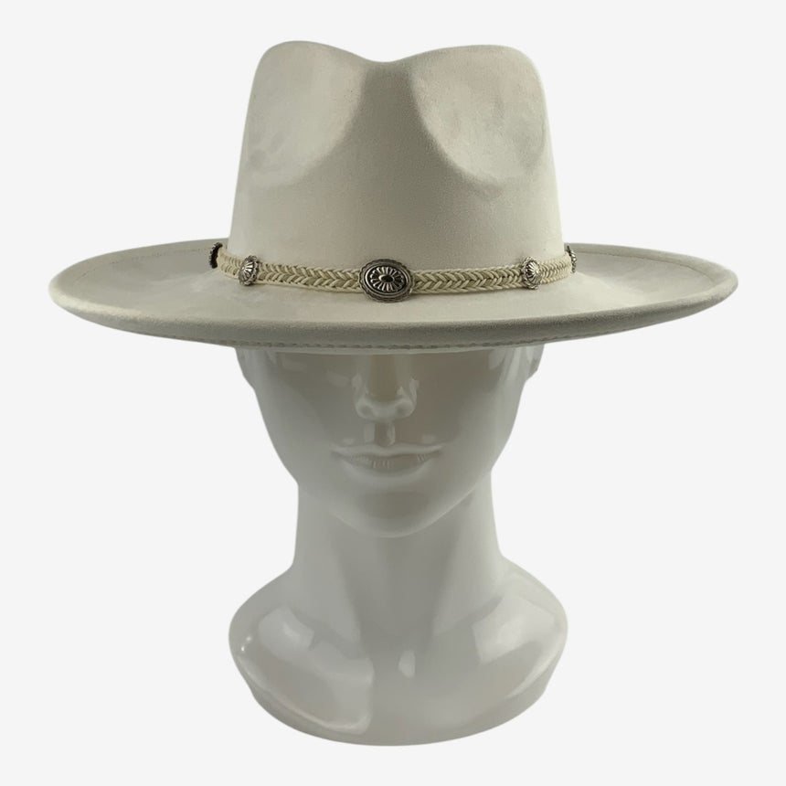 Wide-Brim Wool Felt Fedora with Braided Concho Hatband — Ivory | Hats