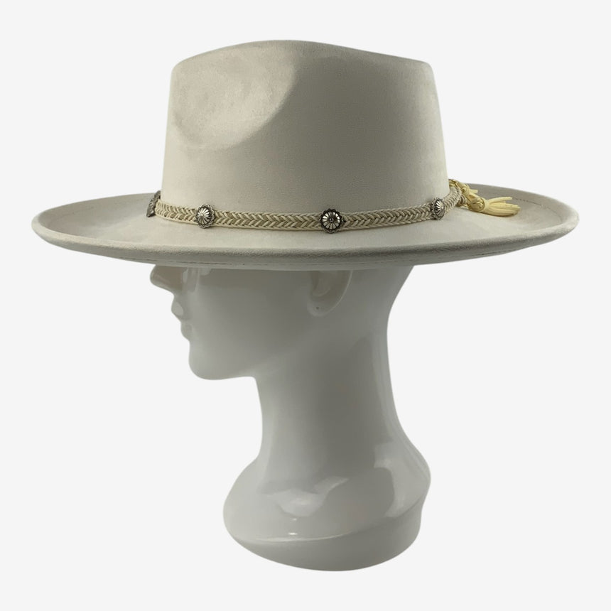 Wide-Brim Wool Felt Fedora with Braided Concho Hatband — Ivory | Hats