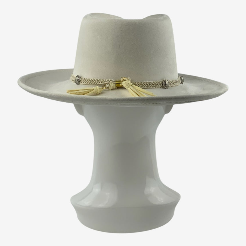 Wide-Brim Wool Felt Fedora with Braided Concho Hatband — Ivory | Hats