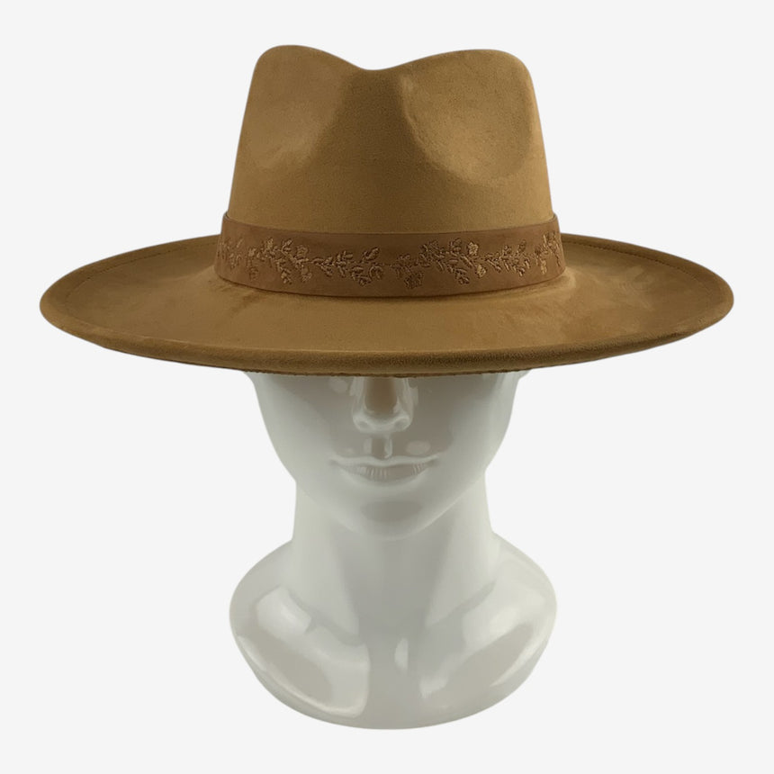 Wide-Brim Wool Felt Fedora with Embroidered Floral Band | Hats