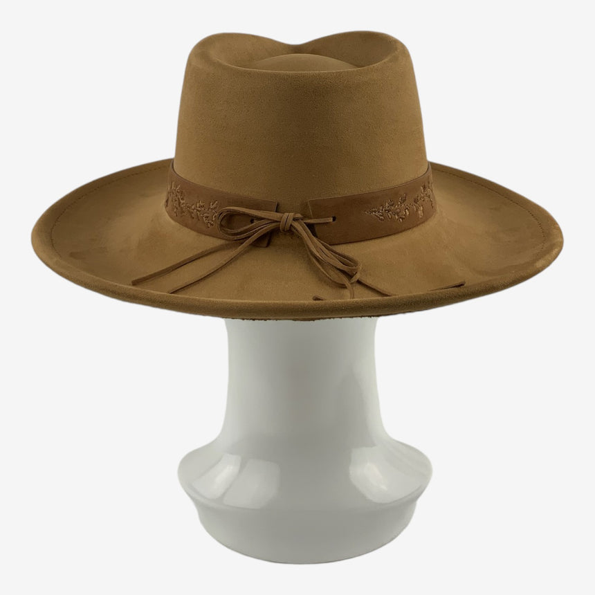 Wide-Brim Wool Felt Fedora with Embroidered Floral Band | Hats