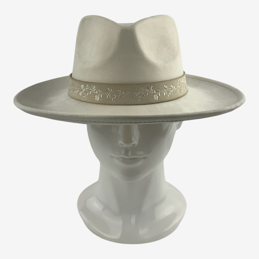Wide-Brim Wool Felt Fedora with Embroidered Floral Band | Hats