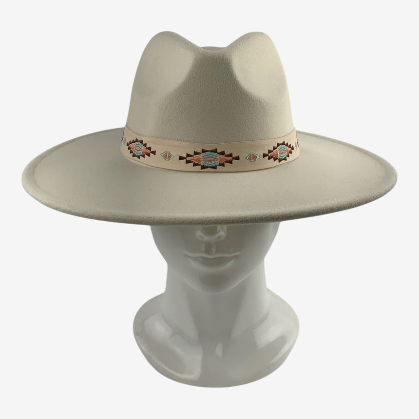 Wide-Brim Wool Felt Fedora with Southwest Embroidered Band | Hats