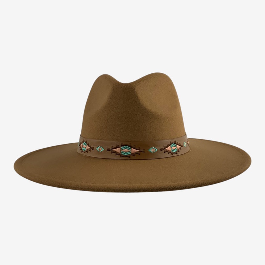 Wide-Brim Wool Felt Fedora with Southwest Embroidered Band | Hats