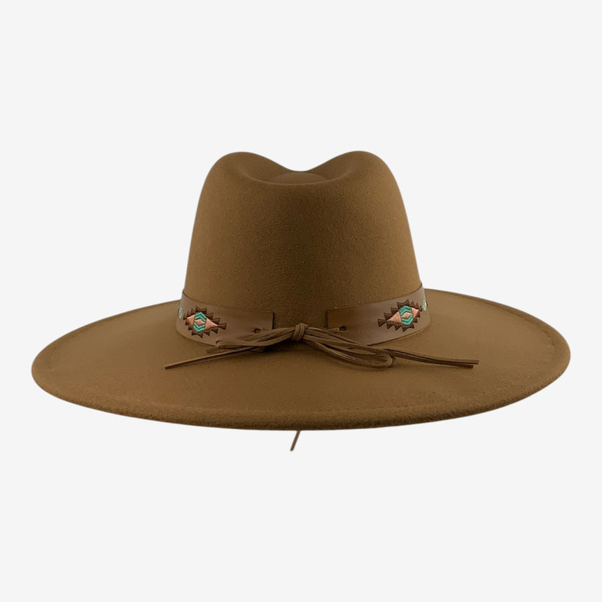Wide-Brim Wool Felt Fedora with Southwest Embroidered Band | Hats