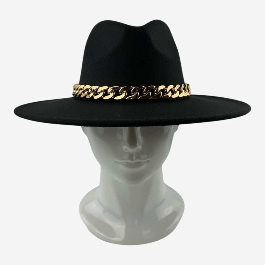 Structured Wide-Brim Wool Felt Fedora with Gold-Tone Chain Band | Hats
