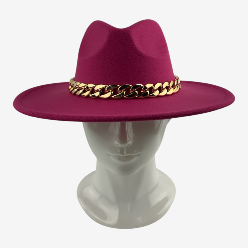 Structured Wide-Brim Wool Felt Fedora with Gold-Tone Chain Band | Hats